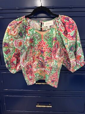 Cleobella Cecilia Green Multicolor Puff-Sleeve Smocked Top XS